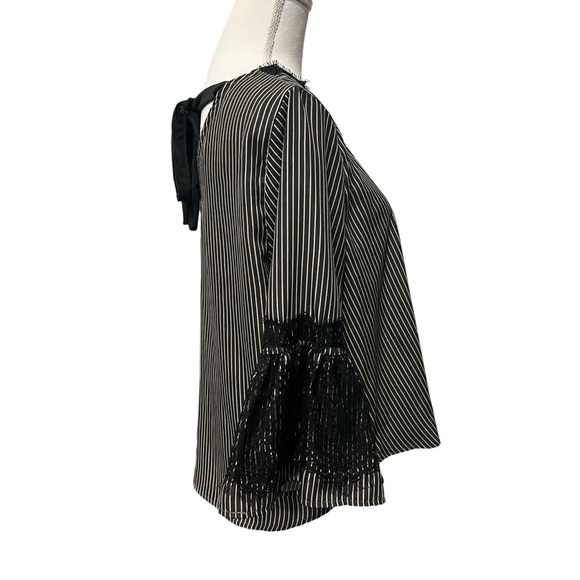 THML Blouse Womens Medium Black White Strip Lace 3/4 Sleeve Velvet Back Tie - Picture 3 of 16